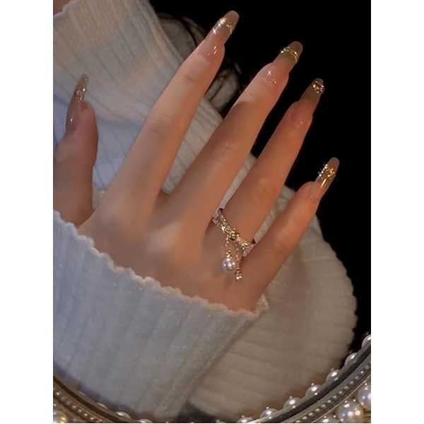 Hängande pärla kors öppet statement ring för kvinnor flickor 14K guldpläterad kubisk zirkonia justerbar lay