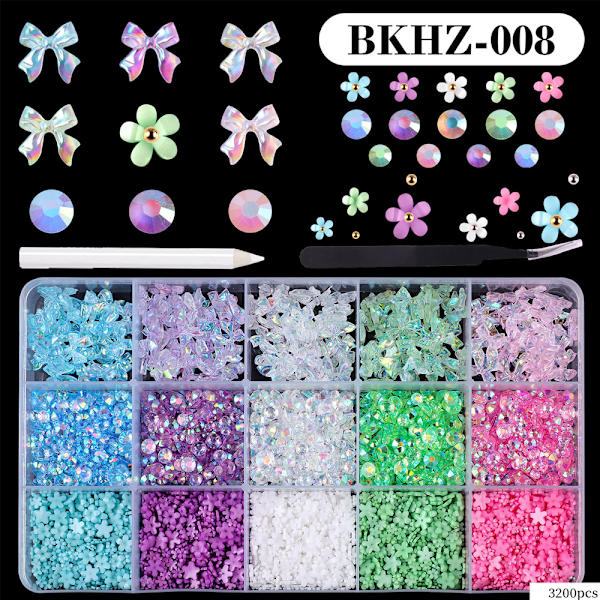 15 stk. Rhinestone i forskellige størrelser i æske -BKHZ-008 - Negledekorationer MultiColor