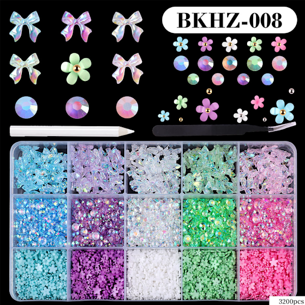 15st Rhinestone i olika storlekar i ask -BKHZ-008 - Nageldekorationer MultiColor