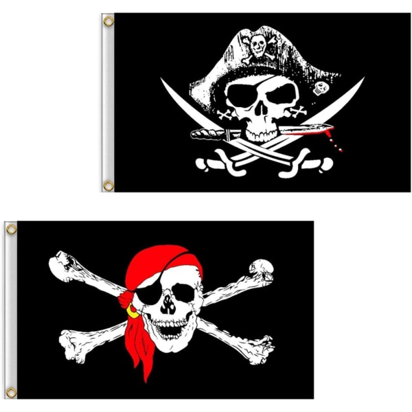 60 x 90 cm Set med 2 Piratflaggor skalle (röd halsduk) och korsad Kn