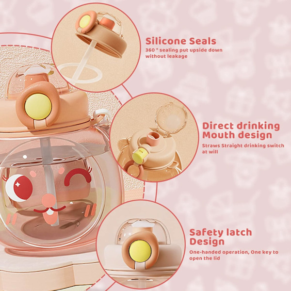 Barnevannflaske Kawaii vannflaske med sugerør 1000ML BP
