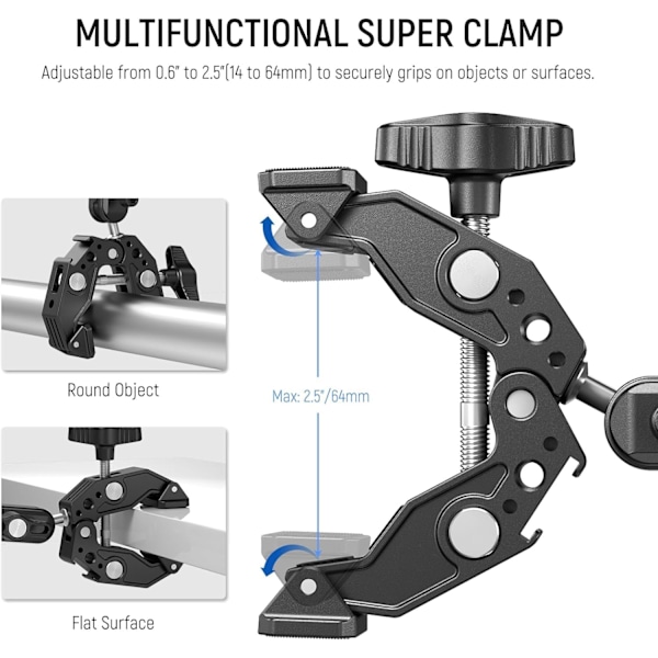 Super Clamp 3 tuuman kaksoispallopäisellä taikavarrella, kylmäkenkä, 1/4\" 3/8\" kierteet, puhelin-/toiminta kameran kiinnike