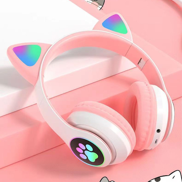 Bluetooth-kuulokkeet, Lasten Kissan Korvat Kuulokkeet, Taitettavat, LED-valolla, Vaaleanpunainen F