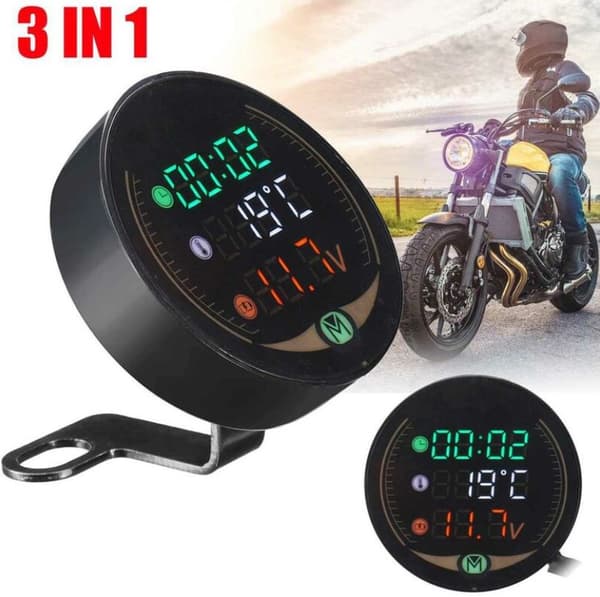 3 i 1 Motorcykel LED Digital Termometer Voltmeter Temperatur Tidsmåler