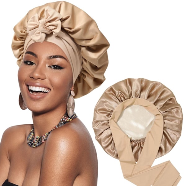 Satin Bonnet Siden Bonnet för Sovning Siden Nattmössa Dubbellager Hårmössa med Elastiskt Band för (Coffee + Champagne)