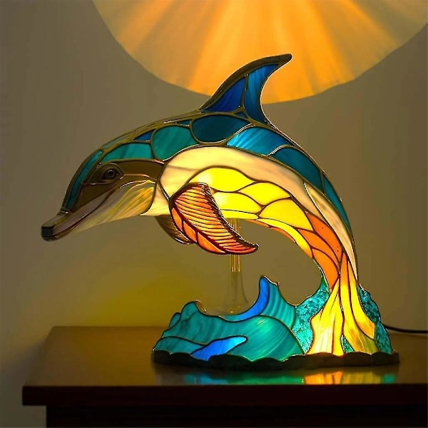 (Delfin) Varm Djur Bordslampa Tiffany Glas Färgat Nattljus Retro Skrivbordslampor Julgåva