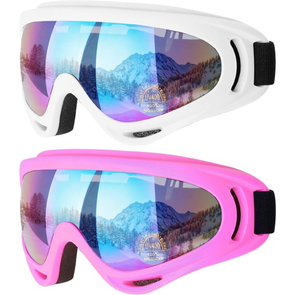 2-pack Skidglasögon, Motorcykelglasögon-vit/rosa, Snowboard Gogg