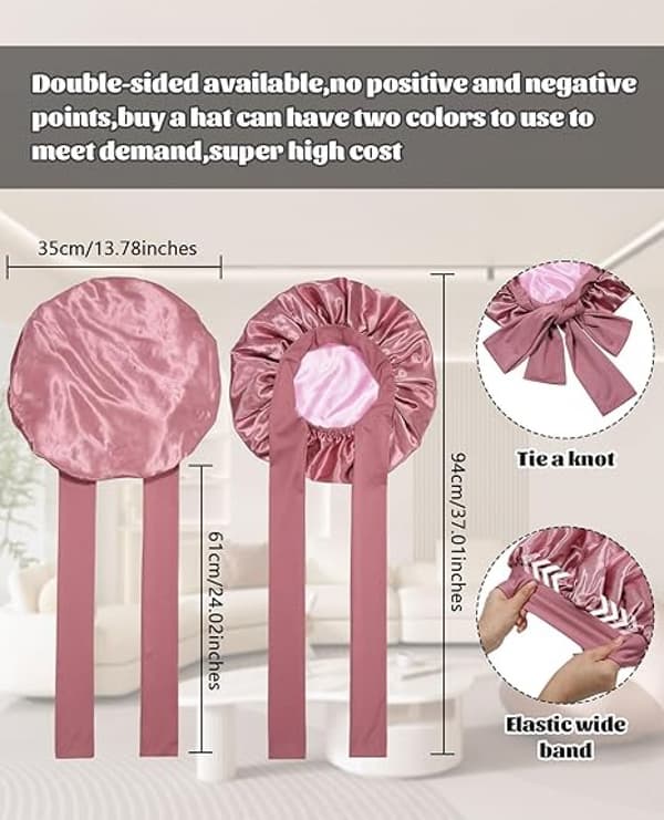 Satiini Bonnet - Silk Bonnet - Uni - Kaksoiskerros Hius Bonnet Elastisen Nauhan Kanssa (Bean Paste + Pink)