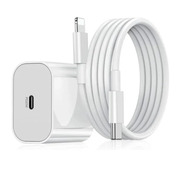 iPhone hurtigoplader USB-C strømadapter 20W + 2m kabel hvid