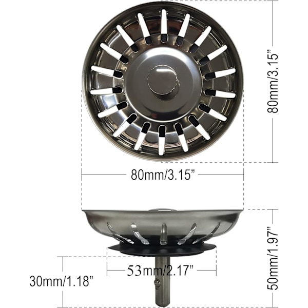 Diskho sil, kök rostfritt stål förtjockande sil avloppsplugg, storlek för diskhoar 79-82mm (diameter: 80mm)