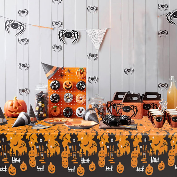 Halloween-dug, orangefarvet, uhyggelig græskar, rektangulær plastikdug, 130 x 220 cm, stor sal