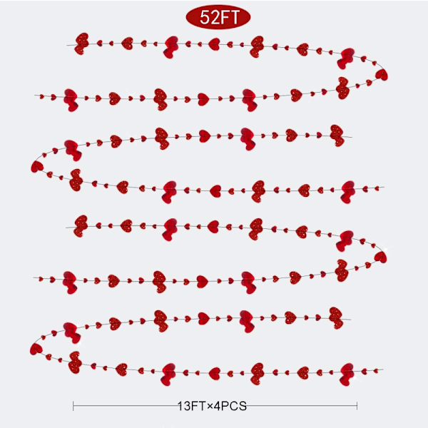 4 stk. 16 meter Dobbeltsidede Hjerteformede Metalbånd til Valentinsdag, Røde Hjerteformede Designs, Forlovelse