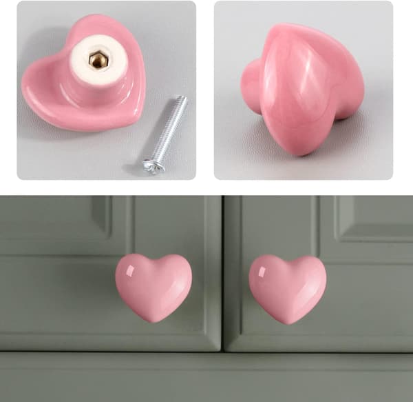 10 stk. Dørknapper, Hjerteformede Knapper, Møbelknapper til Garderobeskabe, Pink Keramiske Knapper til Børneværelser