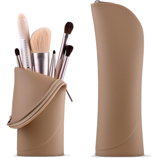 (Brun) 1 st Makeup Brush Holder Silikon Makeup Brush Förvaringslåda Resa Makeup Brush Väska Makeup Bru