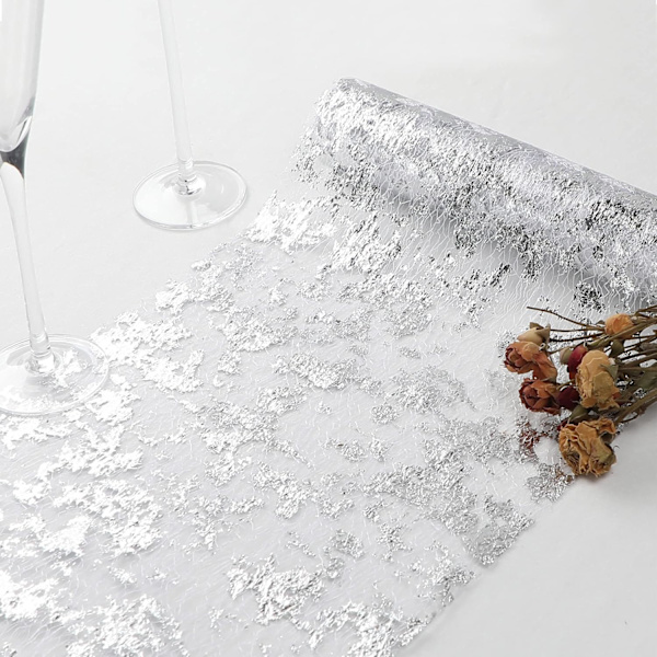 4-delad silver bordsduk set, glittrande metallisk guld tunn mesh bordsduk rulle