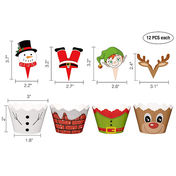 Jule Cupcakes Toppers og Wraps 72 stk Julefest Tilbehør Favør, Snemand, Julemand, Rendeer, Elf Sjove Cupca