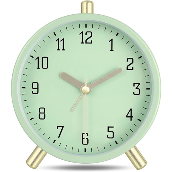 (Grønn) Moderne stillegående analog vekkerklokke i metall med enkel dekor