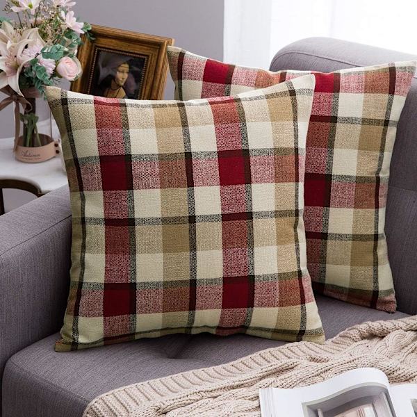 2-pack Dekorativa Kuddfodral Rutiga Rutor Tartan Linne Rustik Lanthus Stil Kvadratisk Kuddfodral för Höst