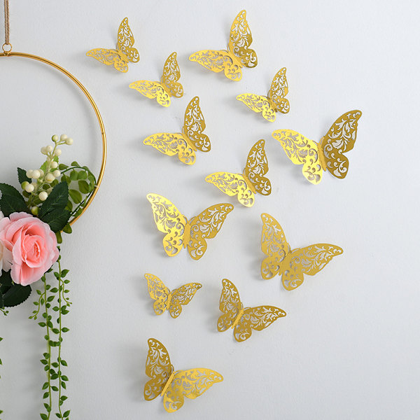 3D Butterfly Veggdekorsett, (Gull) Størrelse L 3D Veggdekor for Hjem, Barnerom, Fester og Bursdager
