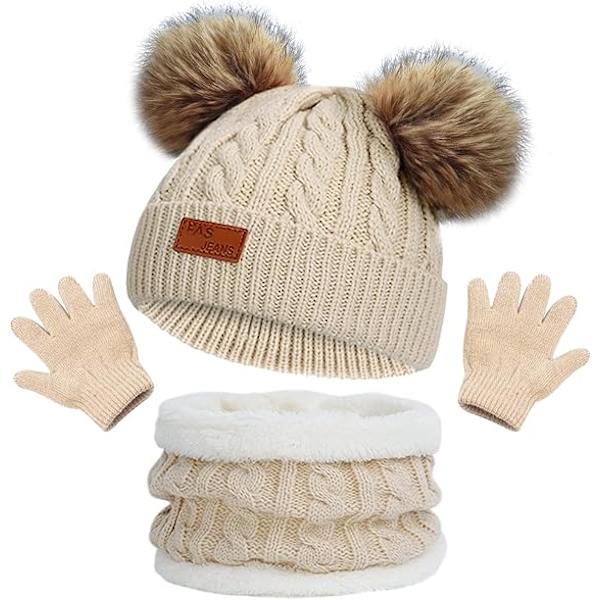 Barn Vinter Varma Mössa Halsduk Vantar Set Khaki Termisk Stickad Virkad Tjock Fluffig