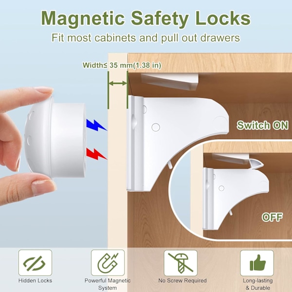 Magnetiske børnesikringsskabe til børn 4 pakker+1 nøgler,  Børnesikring til skabe og