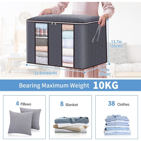 Set med 4 klädförvaringsväskor, 60 * 43 * 35cm Stor Förvaringsväska under Sängen, Stor Kapacitet, Vikbar, för Täcke, Kläder P U
