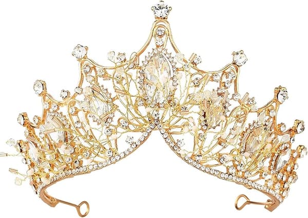 Gull prinsessekrone, rhinstein krystall, gudinne, dronning, julekostyme, rollespill, bri