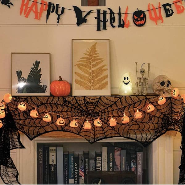2 st 245 * 45CM Halloween-dekorationer, svart spets Halloween-eldstadssjal, spindelnäts eldstad