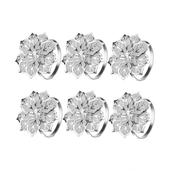 (6 st, Silver) Ihålig Blomma Servettringshållare, Metall Servettring för Fest Semester Bankett Jul Servett Spänne D