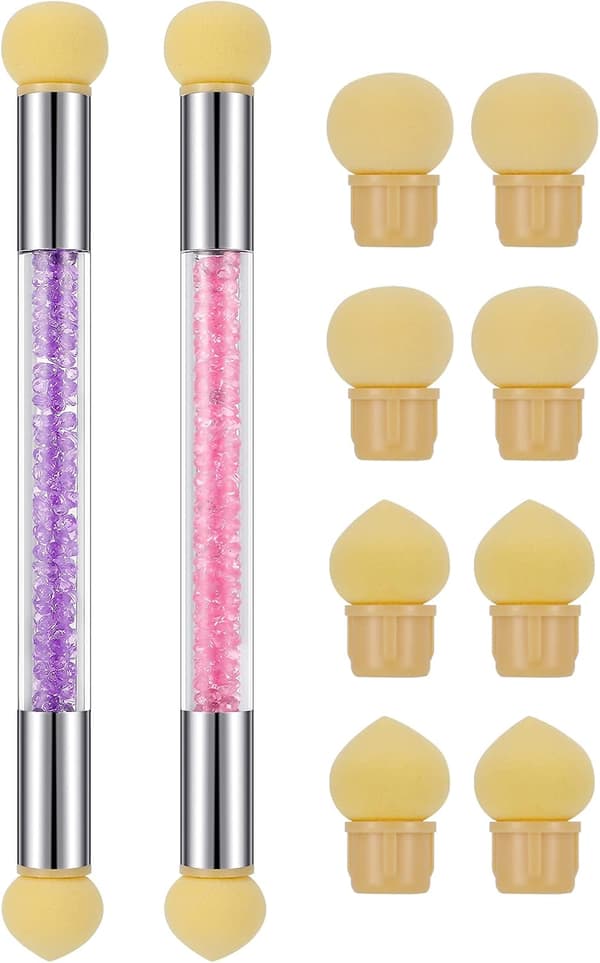 2 stk Dobbelt Hode Svamps Nail Pensler med 8 Utskiftbare Svampshoder, Gradient Fargegjengivelse DIY Nail Art Nail M