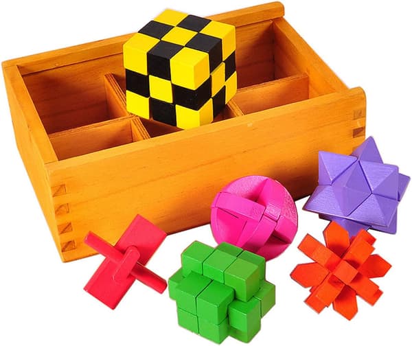 6 st träpussel, hjärnpusselspel, 3D IQ-pussel M