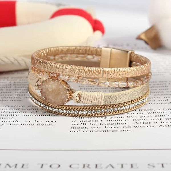 Læder Wrap Armbånd Boho Manschet Armbånd Krystal Perle Armbånd med Magnetisk Spænde til Kvinder (Guld) K