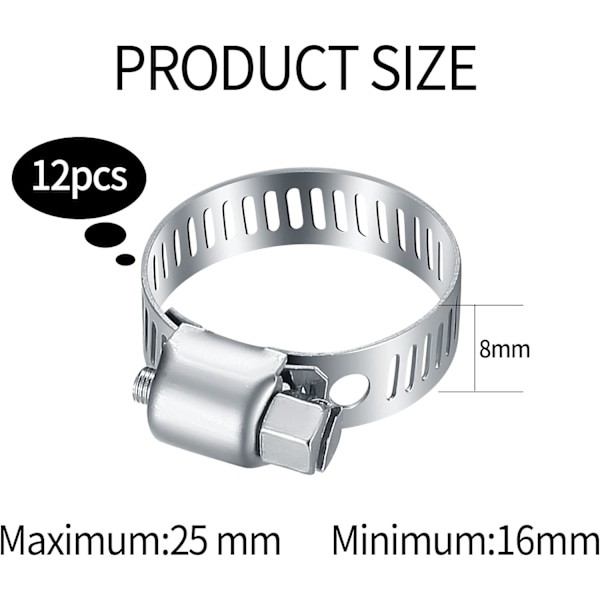 12 stk. justerbare slangeklemmer 16-25mm, slangeklemmer 304 Met