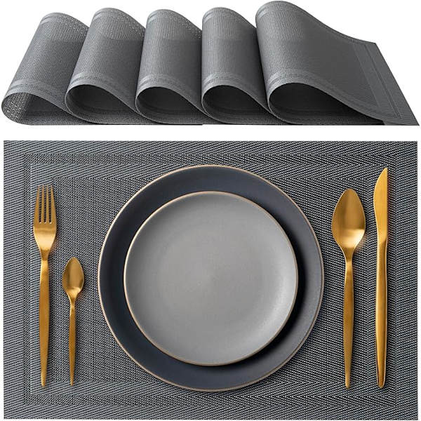 5 (Grå) Elegante Pladsemåtter 45 x 30 cm til Middag, Frokost, Morgenmad Enheder - Vaskbar Varme