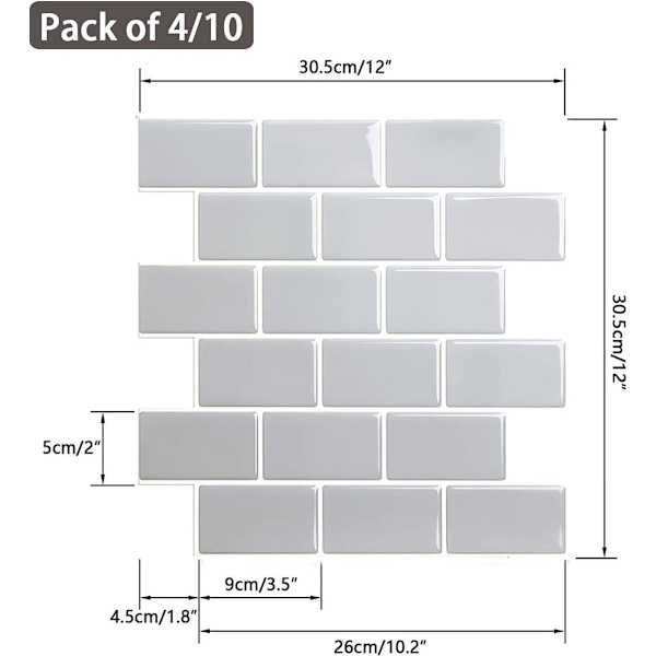Peel and Stick Fliser for Kjøkkenvegg, 10-ark Grå Subway Kjøkkenfliser (12\"×12\") Grey