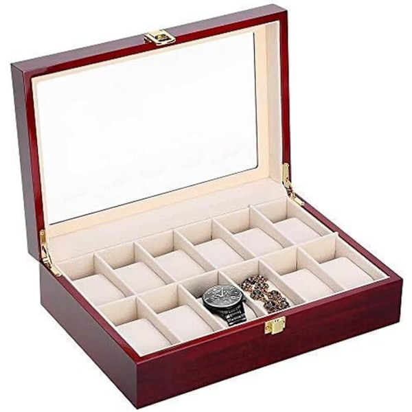 Watches with 12 Compartments, Wooden Watch Box Transparent Window with Removable Pillow, Metal Closure, Brown Red