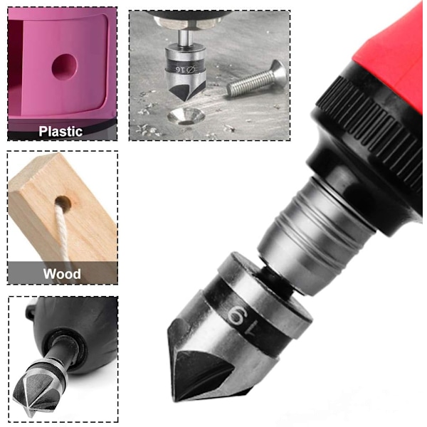 3-pack 90 Graders 5-flöjts Fasbits Set för Trä, Metall Snabbbyte 1/4\" Hex Fasborr Kolstål W
