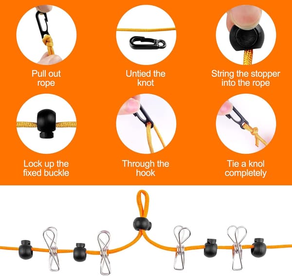 8M Retractable Clothesline with 10 Fixed Loops and 20 Windproof C