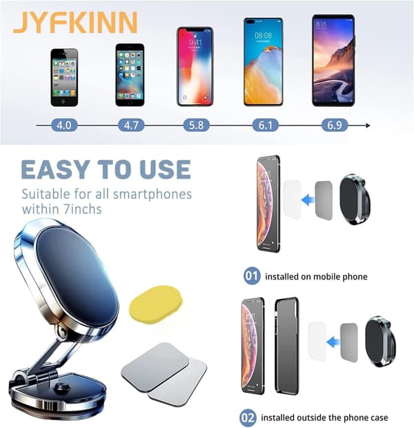 Magnetisk Sammenklappelig Biltelefonholder med 360° Foldbar Base (Sort)