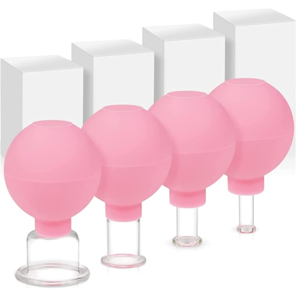 4 stykker Ansigtscupping Terapisæt, Vacuum Cupping, Hot Pink, An