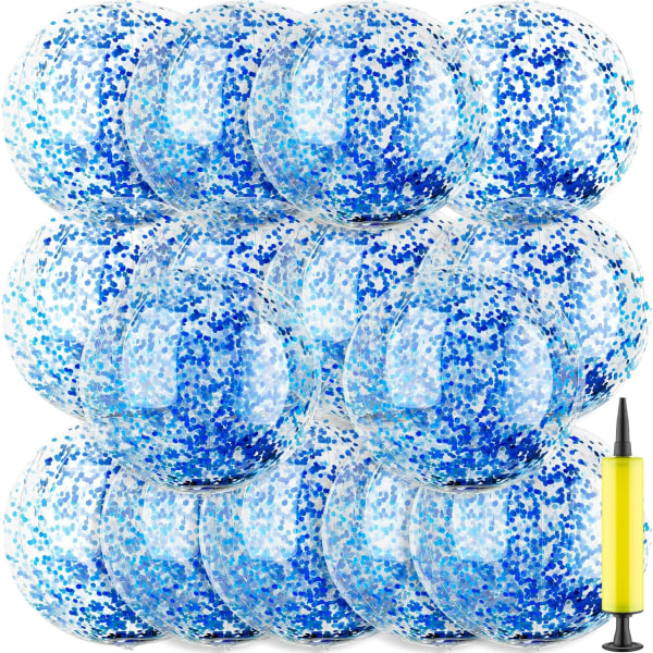 15 Pieces Inflatable Beach Balls Blue Glitter Confetti Beach Balls with Pum