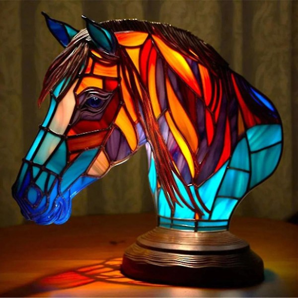 (Hest) Varmt Dyr Bordlampe Farget Glass Farget Nattelykt Retro Skrivebordslamper Julegave A