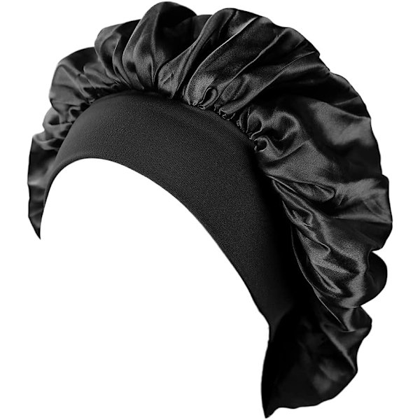 2 Stycken Satin Natthårshuva, Silke Natthårshuva, Satin Nattmössa, Natthårshuva för Kvinnor (Svart+Rosa)