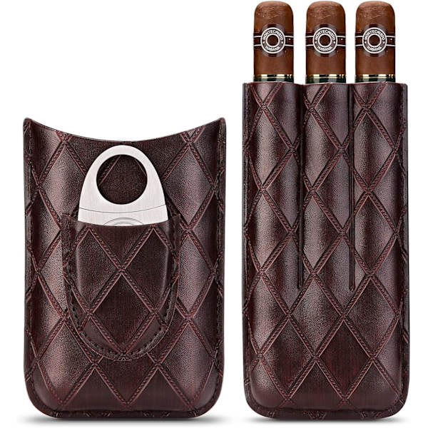 Brun læder cigar etui, 3 rørs rejse bærbar cigar humidor w
