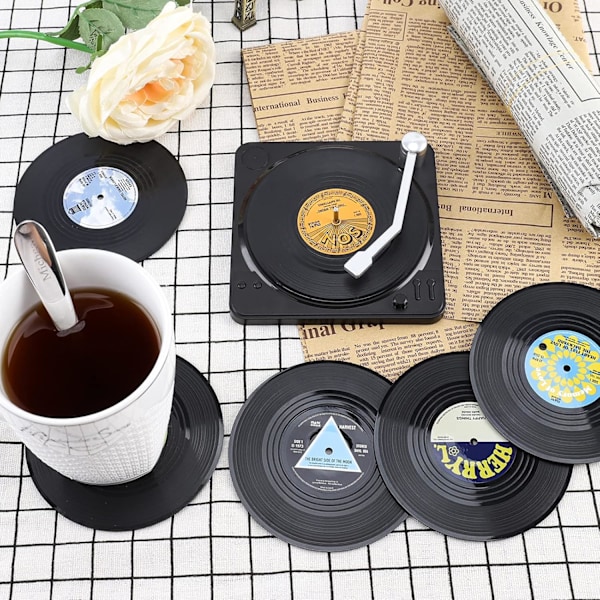 10,5 x 10,5 x 0,2 cm vinyylialusetit, 6 kappaleen CD-retroalusetit juomille, vinyylialusetit telineellä, liukumaton