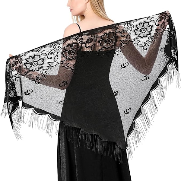 Black Triangle Lace Shawls and Wraps for Evening Dresses with Tassels for Evening Par A