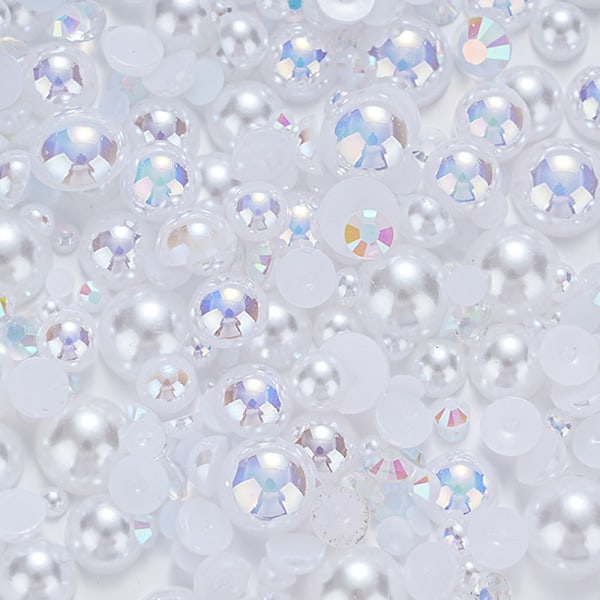 (Hvit) 100g Gradient Halvperler og Diamanter, 3mm-10mm Halvrunde Flatback Perleperler Resin Imitat