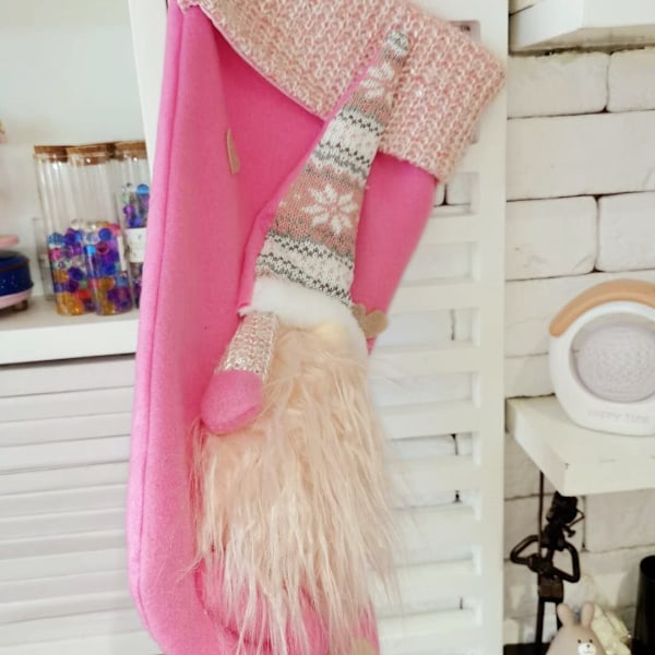 (45*23cm) Vaaleanpunainen joululahjasukka Tonttu Tomte Kääpiö Ruotsalainen Joulupukki Sukka Joulukuusen Koristeluun Tulen