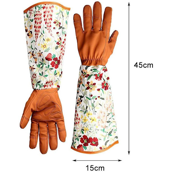Tornebestandige Havehandsker i Læder, Blomsterprint Manschetter, Lang Underarmsbeskyttelse, til Kvinder Havebeskæringshandsker A