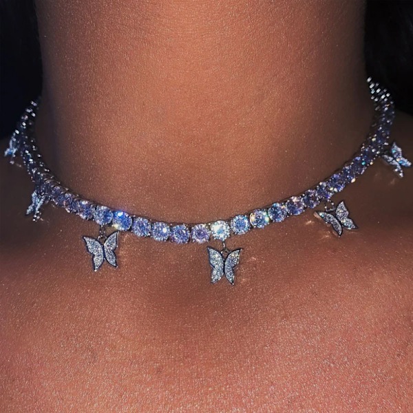 Vintage Fjärils Choker Halsband Rhinestone Hänge Tennis Halsband Kedja Silver Nyckelben Halsband
